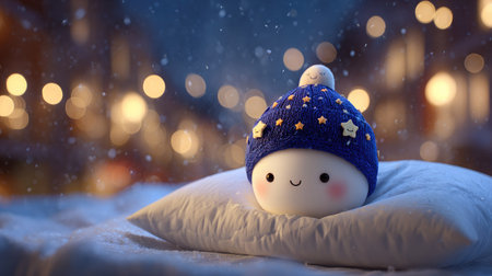 This image showcases a charming character adorned with a blue knitted hat with star details, resting upon a plush white pillow. The soft lighting and bokeh effect in the background suggest a cozy, nighttime setting. Suitable for various applications, this imagery could be used in educational material or for decorative purposes.の素材