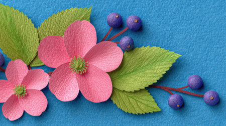 This image features paper flowers, leaves, and berries arranged on a blue surface. The pink flowers and green leaves are meticulously crafted with textured paper, and the composition is set against a solid blue background. It may be suitable for decorative designs or artistic projects. This image could be used in various commercial contexts.の素材