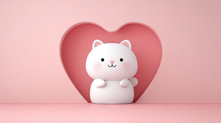 A white cartoon cat stands before a pink heart-shaped backdrop in this image. The composition features soft lighting, highlighting the smooth textures of the subjects. The minimalist style and pastel color palette suggest a gentle atmosphere, suitable for various creative projects like greeting cards or social media content.の素材