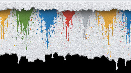 This image showcases colorful paint dripping from a torn white surface, contrasted against a black background. The composition features a textured appearance, with various colors like green, blue, red, and yellow. It could be suitable for creative projects or used in advertising materials with copy space available.の素材