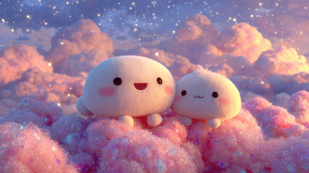 Two adorable cartoon characters are depicted amidst fluffy, pink clouds. The artwork showcases a soft, dreamy style with pastel hues and subtle lighting. The composition evokes feelings of serenity. This illustration could be suitable for various creative applications, from children's books to digital art projects.の素材
