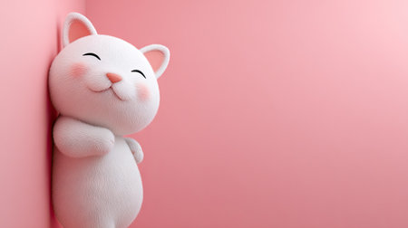 A smiling cartoon cat in white rests against a pink wall. The image features soft lighting, a simple composition, and a minimalist aesthetic. The scene's smooth textures and pastel colors create a cheerful atmosphere. Suitable for various commercial projects, including illustrations and design elements.の素材