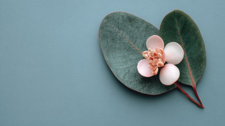 This image showcases a detailed arrangement of a small flower resting upon two large green leaves. The leaves display a subtle texture, while the flower presents a soft color palette. The composition uses a minimalist style. Suitable for illustrating botanical concepts or as a design element.の素材