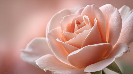 This close-up showcases a beautiful pink rose in full bloom, with soft petals and intricate details. The image features a shallow depth of field, creating a blurred background that accentuates the rose. The lighting is gentle, highlighting the flower's delicate texture. Suitable for various commercial and editorial applications.の素材