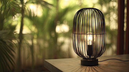 A stylish black wireframe table lamp illuminates a room. The lamp's design features vertical bars, creating a cage-like form around the light source. The warm glow of the bulb contrasts with the dark metal. This image is suitable for interior design, home decor, and conceptual design projects.の素材