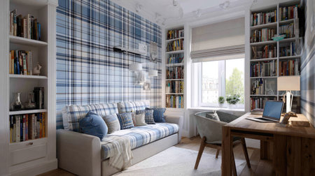 This image shows a comfortable interior featuring a plaid sofa, bookshelves filled with books, and a desk. The room has soft, natural light streaming through a window. It could be used in designs related to home decor, reading, or remote work. The room setting provides a cozy atmosphere ideal for various editorial content.の素材