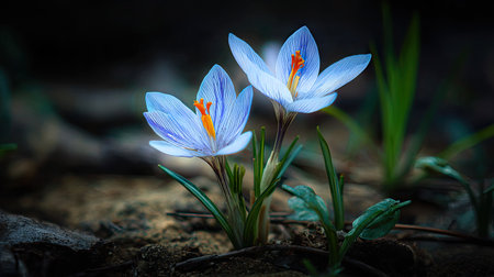 Two crocus flowers are captured with soft lighting. The blooms display shades of blue, purple, and orange, complemented by green leaves. The composition emphasizes the natural environment, potentially conveying themes of growth. Suitable for editorial uses and promoting springtime concepts.の素材