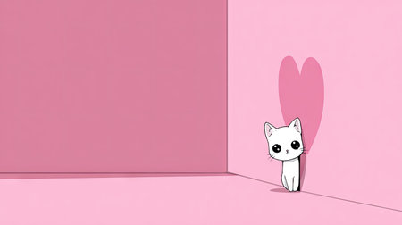 A cartoon kitten stands near a corner casting a heart-shaped shadow. The minimalist style uses shades of pink and white, creating a sense of softness and simplicity. The image presents a clean design with a potential for use in various creative projects such as illustrations, or designs.の素材