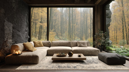 A spacious living room features a large window framing an autumn forest. A comfortable sectional sofa with neutral tones dominates the scene, complemented by a coffee table and rug. Soft lighting from candles and natural sunlight creates a warm atmosphere. Suitable for illustrating interior design concepts or lifestyle imagery.の素材