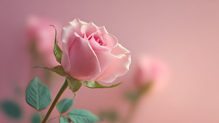 A close-up captures a beautiful pink rose, its petals softly lit and detailed. The image showcases the flower's texture against a blurred background. The composition suggests an indoor setting. This image is suitable for various design uses and conveys themes of beauty and nature.の素材