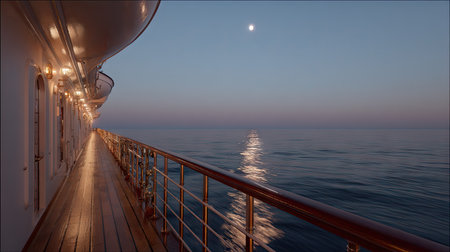 An exterior shot depicts the deck of a large ship with the sea reflecting moonlight. The wooden deck and metal railings lead the eye towards the horizon. Subtle lighting illuminates the scene during the evening. This image could be used in travel brochures, websites, or editorial content.の素材