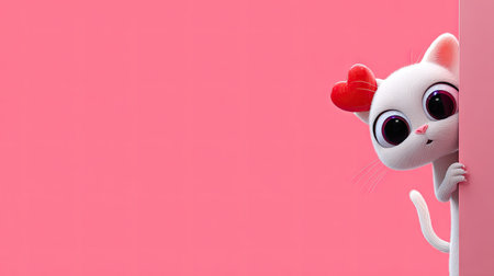 A cartoon cat with a heart-shaped accessory, peering out from the right. The image features a vibrant pink background. This digital artwork utilizes soft shading. Suitable for various applications, it suggests concepts of affection and playful design. Perfect for children's content or creative projects.の素材