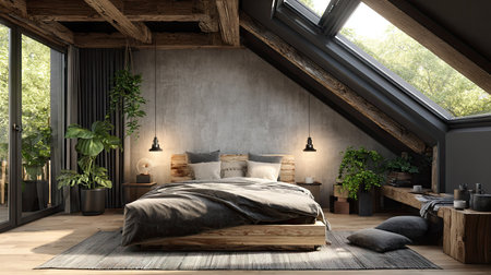This interior scene depicts a bedroom featuring a bed, skylight, and wooden architectural components. The composition highlights natural light, creating a bright atmosphere. Plants and soft textures add visual interest. Suitable for design, lifestyle publications, or use in marketing materials. The scene is devoid of any specific brand references.の素材