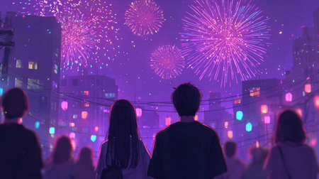 A couple is silhouetted against a vibrant cityscape during a nighttime fireworks display. The image presents a vivid purple and pink color palette. The composition includes building silhouettes and a crowd. This scene would be suitable for promotional materials, or general editorial content.の素材