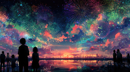 An illustration captures a vibrant fireworks display over water during twilight. The scene is illuminated by a spectrum of colors, reflected in the water's surface. Silhouetted figures stand in the foreground, observing the spectacle. The artwork presents a festive atmosphere suitable for various visual content applications.の素材