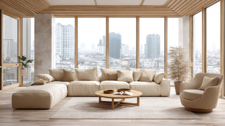 This image features a bright and modern living room with a large beige sofa and a round wooden coffee table. The room is bathed in natural light from large windows, showcasing a cityscape view. The composition uses neutral tones and textures to create a calm and inviting atmosphere suitable for various editorial and commercial projects.の素材