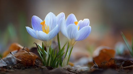 Two crocus flowers are captured in close-up, revealing soft blue and white petals with yellow centers. The composition highlights the flowers emerging from the ground, surrounded by blurred foliage and fallen leaves. The image uses natural lighting and could be suitable for various editorial and commercial applications.の素材
