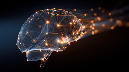 An illustration depicts a digital brain with glowing nodes and connecting lines, suggesting neural networks and information flow. The image utilizes a dark background, contrasting the bright, stylized representation of the brain. It could be used for educational materials or designs related to technology and innovation.の素材