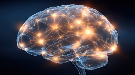 This illustration presents a translucent brain model, highlighted by a network of radiant energy pathways. The image features a dark background with bright, luminous nodes suggesting activity. The overall design has a futuristic, scientific aesthetic suitable for educational materials or conceptual projects.の素材