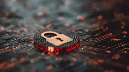 This image presents a symbolic representation of digital security. A bronze-colored padlock rests on a dark circular element, placed over an intricate circuit board design. The composition uses warm lighting with orange hues, highlighting the details of the technological elements. It could be suitable for illustrating cybersecurity or technology-related concepts.の素材