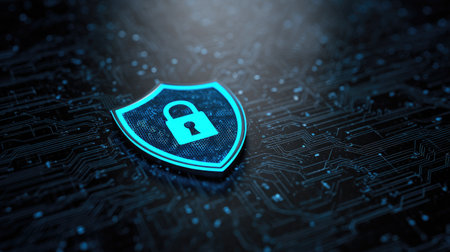 An illuminated shield icon with a padlock signifies security. The image features a glowing blue shield overlaid on a dark electronic circuit board background. It utilizes bright colors and a shallow depth of field. It is appropriate for commercial use in the context of cyber security and digital protection.の素材