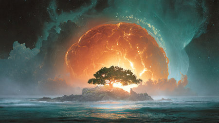 An artistic digital composition features a solitary tree on a small island, set against a vibrant, glowing orb. The scene showcases a blend of cool and warm tones, from the turquoise water to the fiery sphere. This image could be used for various editorial and commercial projects, including illustrations.の素材