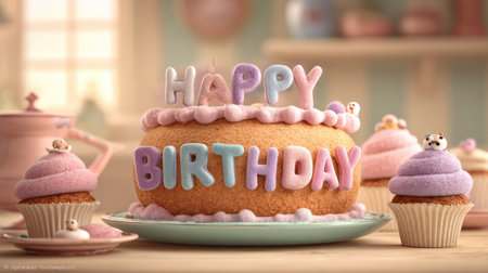 A birthday cake and cupcakes are featured in this image. The cake displays the text "Happy Birthday". The color scheme is primarily pastel, including pink and light blue, and the lighting suggests an indoor setting. This image is suitable for use in advertising and other commercial projects.の素材