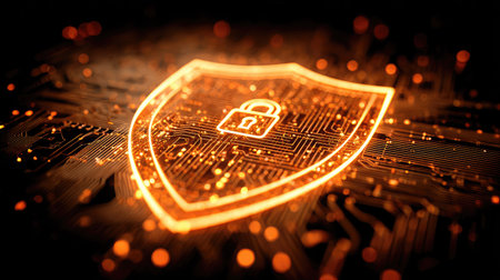 A glowing shield symbol with a padlock sits atop a circuit board, rendered in warm orange hues. The image presents a close-up view with focused lighting, showcasing intricate details. The composition implies a modern context, potentially suitable for illustrating concepts of security and technology. It could be used in various commercial applications.の素材