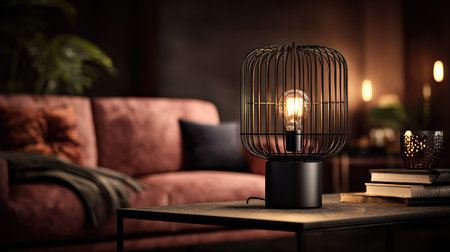 A stylish table lamp, encased in a metallic cage, illuminates a cozy living room. The warm light contrasts with the dark surroundings and the soft textures of a nearby sofa and pillows. This image could be utilized for interior design projects, home decor advertising, or general lifestyle content.の素材