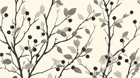 This image showcases a repeating pattern of stylized tree branches laden with berries and leaves. The color palette consists of soft grayscale tones set against a neutral background. The composition offers a sense of delicate beauty, ideal for surface design applications. It could be used for various commercial and editorial projects.の素材