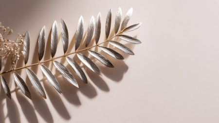 A close-up view features a silver-colored leaf branch against a soft, neutral background. The composition highlights the textures of the leaves and the shadows they cast. It showcases a minimalist aesthetic, suitable for decorative designs, product presentations, or editorial projects seeking a touch of sophistication.の素材