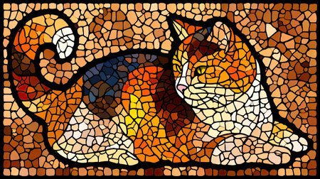 A stained-glass artwork shows a domestic cat resting on a textured, brown background. The artwork features intricate details and vibrant colors including orange, white, and blue, with a mosaic style. This illustration might be suitable for various commercial and editorial purposes.の素材