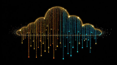 An artistic representation depicts a cloud shape constructed from flowing lines and particles. Gold and blue hues illuminate against a dark backdrop. The image features a digital style, suitable for uses related to technology and data storage. This artwork may be utilized in commercial or editorial applications.の素材