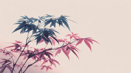The image showcases a detailed view of a branch, displaying vibrant leaves in shades of pink and blue. The composition is set against a soft, neutral backdrop. The visual style is artistic with a focus on texture and form. This image may be suitable for various commercial uses, including design and decorative applications.の素材