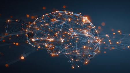 An abstract representation of a human brain with interconnected lines and glowing nodes is presented against a dark backdrop. The image showcases a 3D rendering with a focus on connectivity and digital elements. The style suggests modern technology, potentially suitable for editorial or commercial projects.の素材
