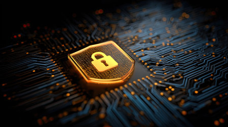A golden padlock shield is centrally positioned on a dark circuit board illustration. The image uses warm yellow and orange lighting against a black background. Intricate lines and patterns of the board create a technological backdrop. The design suits commercial uses related to data security and digital protection.の素材