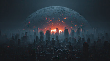 A digitally created image depicts a city under a dark, ominous sky. A glowing sphere dominates the upper portion, with fiery elements and silhouetted structures. The scene suggests conflict or disaster with a focus on a mysterious, otherworldly atmosphere. Ideal for conceptual projects or visual storytelling.の素材
