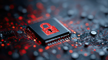 This image shows a microchip with a prominent red padlock symbol, highlighting a digital security theme. The composition features a close-up perspective, showcasing intricate circuitry and components. The overall color palette is dominated by red and black tones, suggesting concepts like protection and data safety. This visual could be used for technology, cybersecurity, or financial contexts.の素材