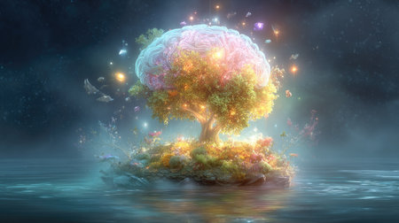 This image features a luminous brain-shaped tree, radiating vibrant colors and surrounded by glowing particles. The composition is set against a hazy, ethereal background, with soft lighting emphasizing the surreal atmosphere. It may be suitable for illustrating concepts related to knowledge, imagination, or creative thinking, with potential uses in various editorial or commercial projects.の素材