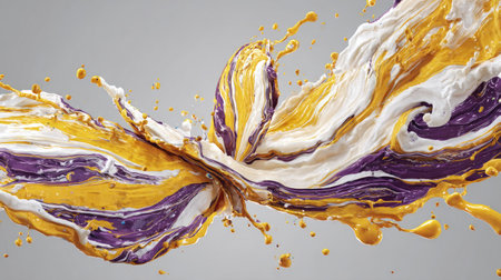 An abstract composition showcases a vibrant splash of paint, featuring a blend of yellow, white, and purple hues. The flowing artwork appears to be in motion against a soft, neutral backdrop, with high-speed details. Ideal for commercial design, advertising, or decorative purposes.の素材