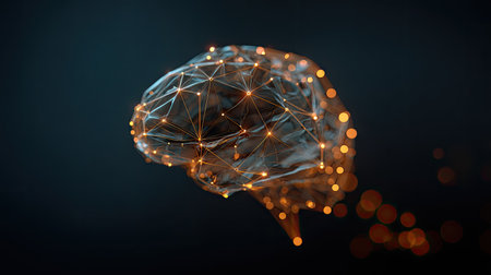 A digital representation of a brain is rendered against a deep blue background. It features a network of interconnected nodes illuminated with a warm orange glow, creating a three-dimensional effect. The composition uses soft lighting, suggesting a modern technological environment. This image is suitable for various illustrative and conceptual applications.の素材