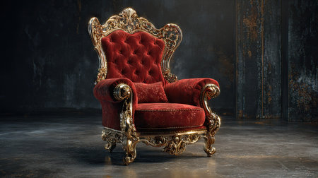 A luxurious throne chair, upholstered in red velvet and adorned with gold embellishments, stands against a dark, textured backdrop. The intricate details of the chair, from the carved frame to the button-tufted back, are highlighted by soft lighting. This image is suitable for various commercial projects, including historical, design, or royalty-themed content.の素材