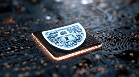 A close-up showcases a stylized shield icon featuring a padlock, situated on a detailed circuit board. The image uses a shallow depth of field, highlighting the central design with a glowing orange border. This composition suggests themes related to data protection and technology. Suitable for informational, editorial, and illustrative purposes.の素材