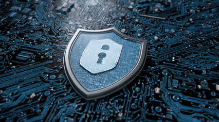 A blue and white shield with a keyhole symbol rests atop a detailed circuit board. The composition features a close-up perspective, emphasizing the textures and intricate patterns. The lighting highlights the metallic and technological elements, suitable for illustrating concepts like data protection and digital safety. It can be used for informational or commercial purposes.の素材