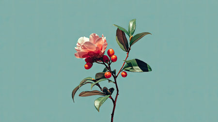 An isolated floral composition features a delicate flower with red and pink petals, accompanied by small red berries and lush green leaves. Set against a plain teal background, the image showcases a soft, natural style. Suitable for various design projects, it could enhance editorial and commercial content.の素材