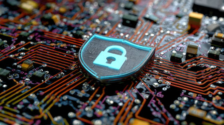 An illuminated shield with a padlock symbol rests on a complex circuit board. The composition features a close-up view with reddish-brown and metallic hues. The image suggests a technological or digital setting, with potential applications in data protection or cybersecurity content, suitable for various commercial uses.の素材