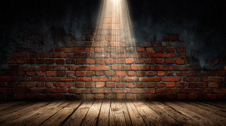 A brick wall stands in a dimly lit setting, with a wooden floor and atmospheric smoke adding depth. A strong overhead spotlight illuminates the wall. The image features warm tones, providing a backdrop for conceptual, editorial, or commercial applications. The texture and composition are suitable for creative projects.の素材