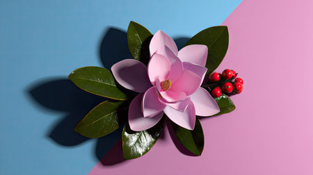 A crafted paper flower, with soft pink petals and green leaves, is centered against a vibrant blue and pink background. The composition features a studio style, with overhead lighting creating a shadow. Suitable for various commercial applications, it provides a creative element.の素材