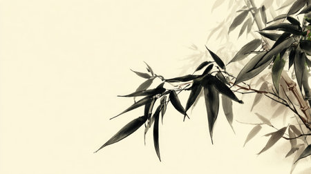 A detailed illustration showcases a bamboo branch with several leaves, presented in a minimalist style. The image employs a neutral color palette with grayscale shades, complemented by soft lighting, creating a sense of tranquility. Suitable for various commercial and editorial applications such as design and decoration.の素材