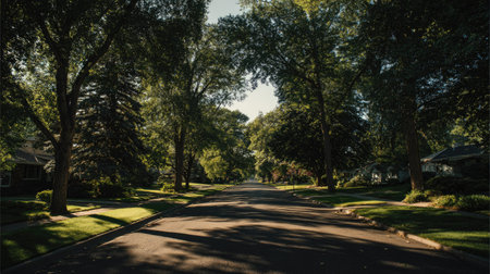 An empty asphalt road stretches between green trees, creating a tunnel effect. The image showcases sunlight filtering through the leaves, casting shadows on the road. The scene suggests a suburban setting during daytime, suitable for commercial use, possibly for environmental or travel themes.の素材